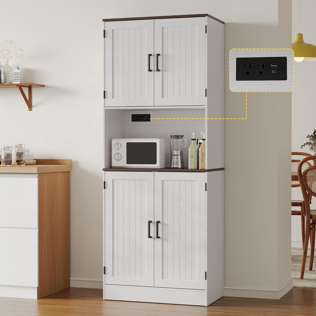 MHOM 71' Tall Pantry Cabinet with Charging Station, Farmhouse Kitchen Hutch with Adjustable Shelves, Modern Kitchen Pantry Storage Cabinet for Dinning Room & Living Room, Antique White