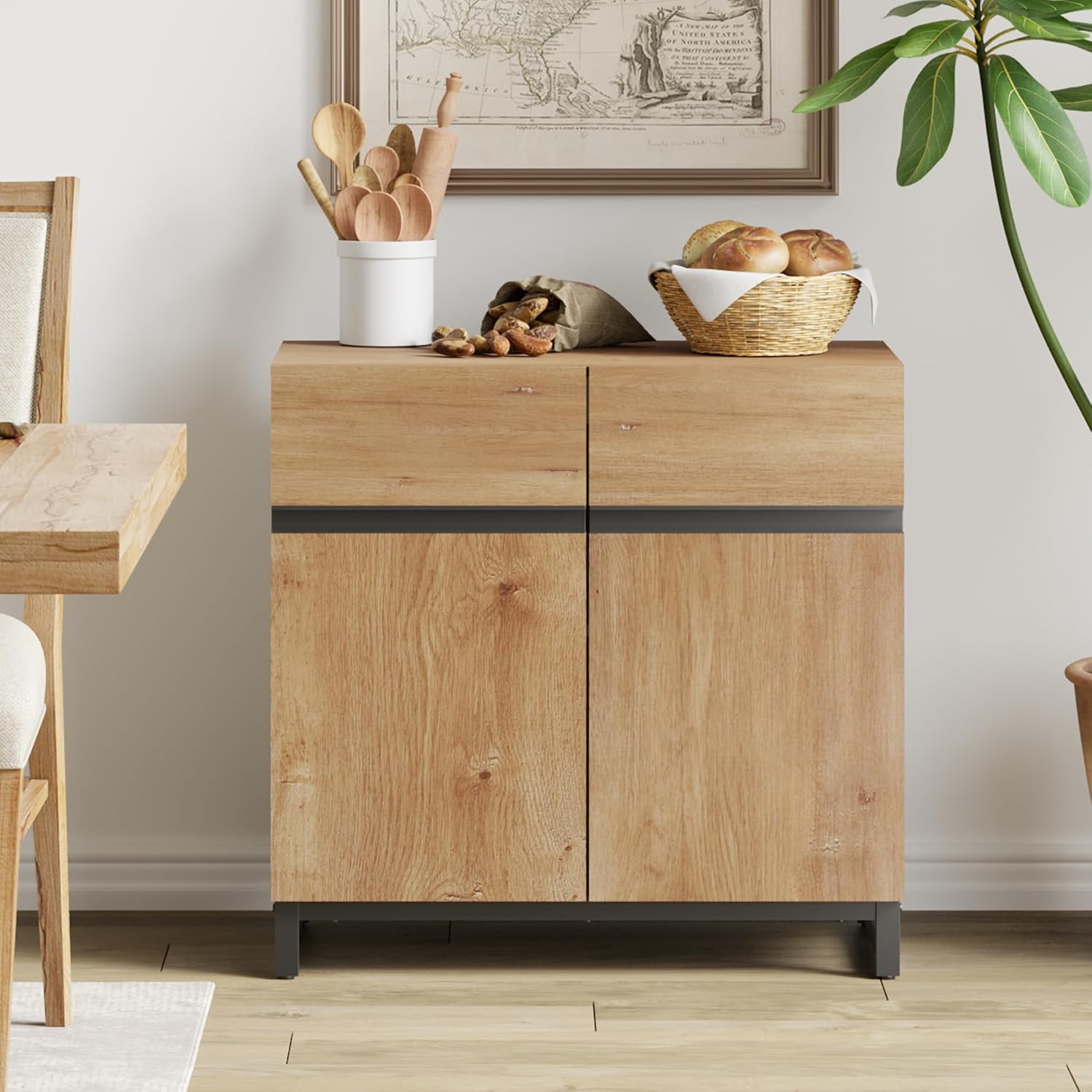 WAMPAT Sideboard Buffet Cabinets, Modern Sideboard with Adjustable Shelf and Metal Base, Coffee Bar Cabinet Storage Cabinet for Living Room, Kitchen, 1Pcs, Oak