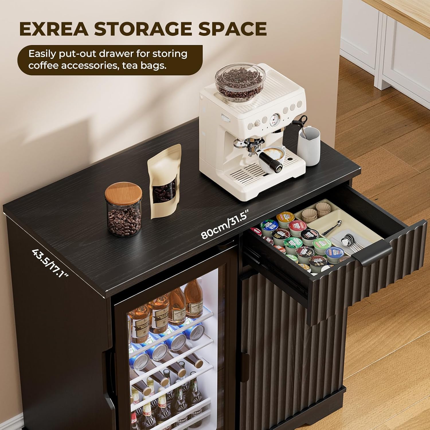 Mini Fridge Cabinet (Fridge Included), Fluted Coffee Bar Cabinet with Refrigerator, Pull Out Drawer & Storage Cabinets, 31.5' Liquor Wine Bar Cabinet for Home, Kitchen, Dining Room, Blac