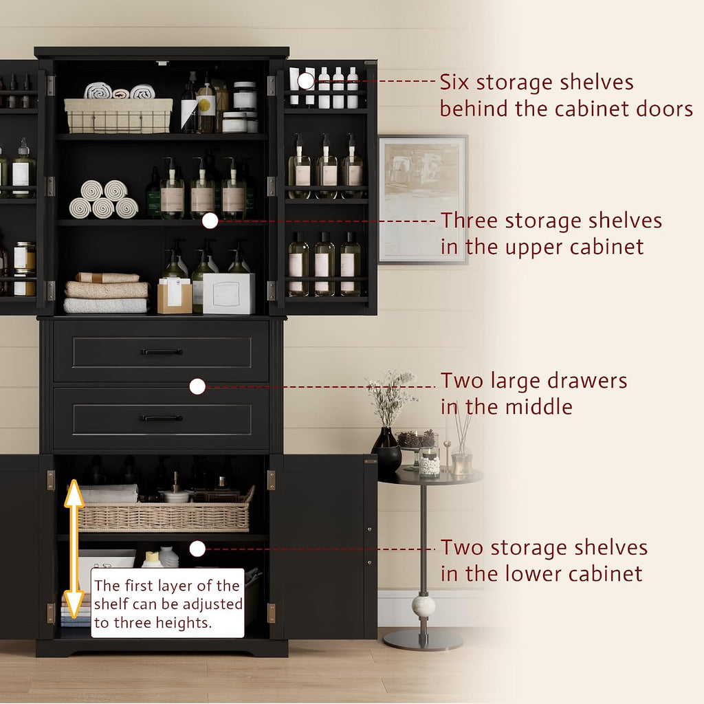 Storage Cabinet with 4 Doors and Drawers, 72.5' H Kitchen Cabinet with 6 Door Shelves, Kitchen Storage Cabinets with Adjustable Shelves for Living Room, Black