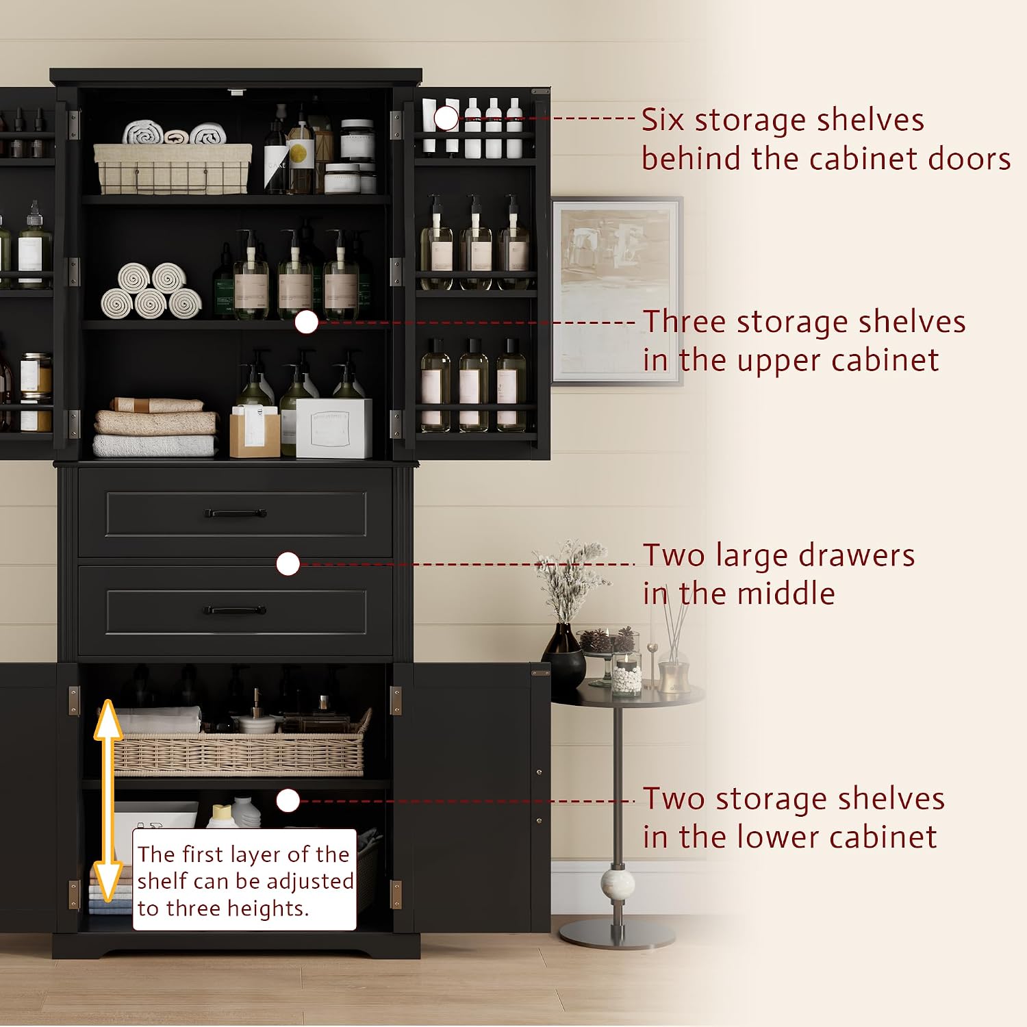 Storage Cabinet with 4 Doors and Drawers, 72.5' H Kitchen Cabinet with 6 Door Shelves, Kitchen Storage Cabinets with Adjustable Shelves for Living Room, Black