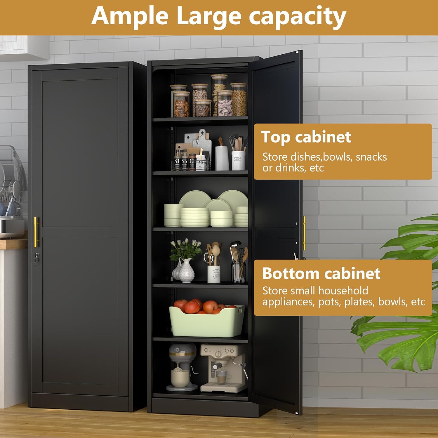 Tall Narrow Slim Metal Storage Cabinet with Lock and 5 Adjustable Shelves,Steel File Cabinets,Kitchen Pantry Cabinet Locker Organizer - 67' Storage Cabinets for Bathroom,Bedroom,Office,Black