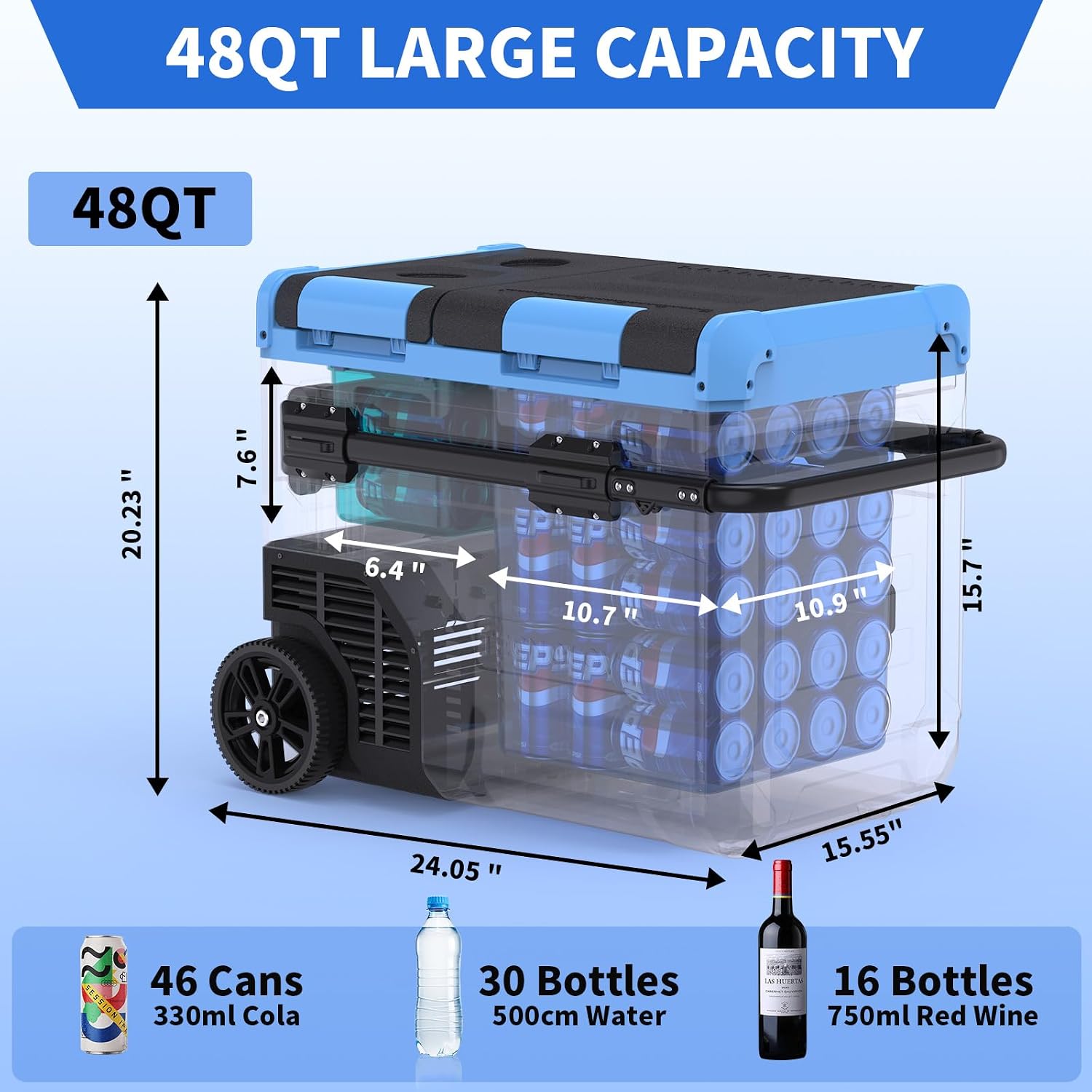 Car Refrigerator Fridge 48 Quart 45L Portable Freezer -4℉~68℉ Dual Zone Telescopic Handle All-Terrain Wheels Reversible Door 12/24V DC,110~240 Volt AC Compressor Cooler Blue