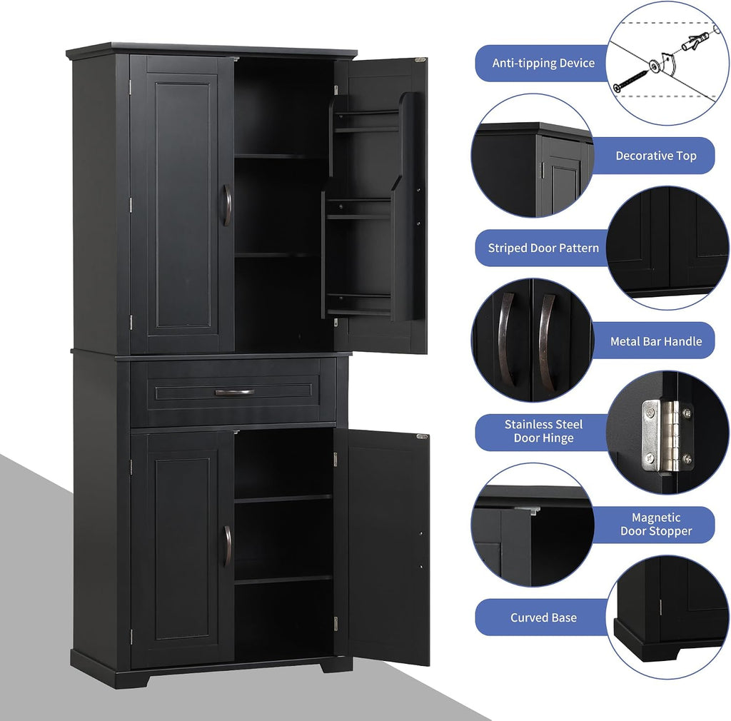 Storage Cabinet with 4 Doors and Drawers, 72.2' H Kitchen Cabinet with 6 Door Shelves, Kitchen Storage Cabinets with Adjustable Shelves for Living Room, Black