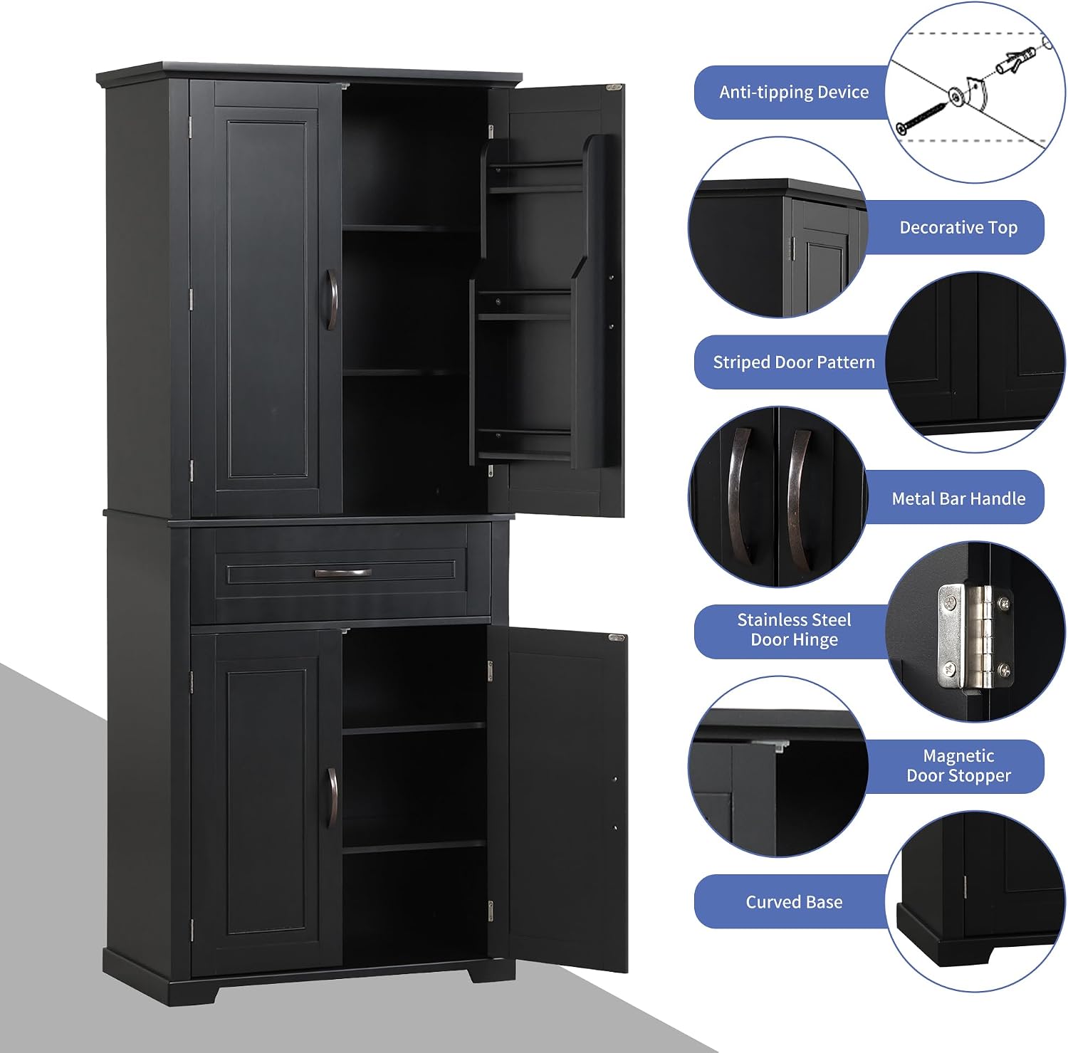Storage Cabinet with 4 Doors and Drawers, 72.2' H Kitchen Cabinet with 6 Door Shelves, Kitchen Storage Cabinets with Adjustable Shelves for Living Room, Black