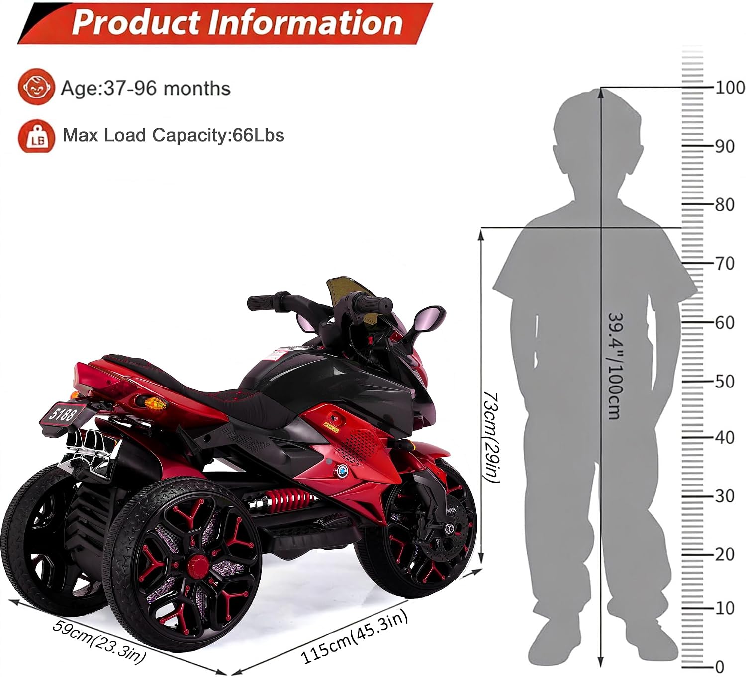 12V Kids Electric Motorcycle with Training Wheels | Plastic, PU seat, manual throttle, foot brake, USB, MP3, phone link, light-up wheels, ages 3-6, 45.3 W x 23.2 D x 28.7 H in