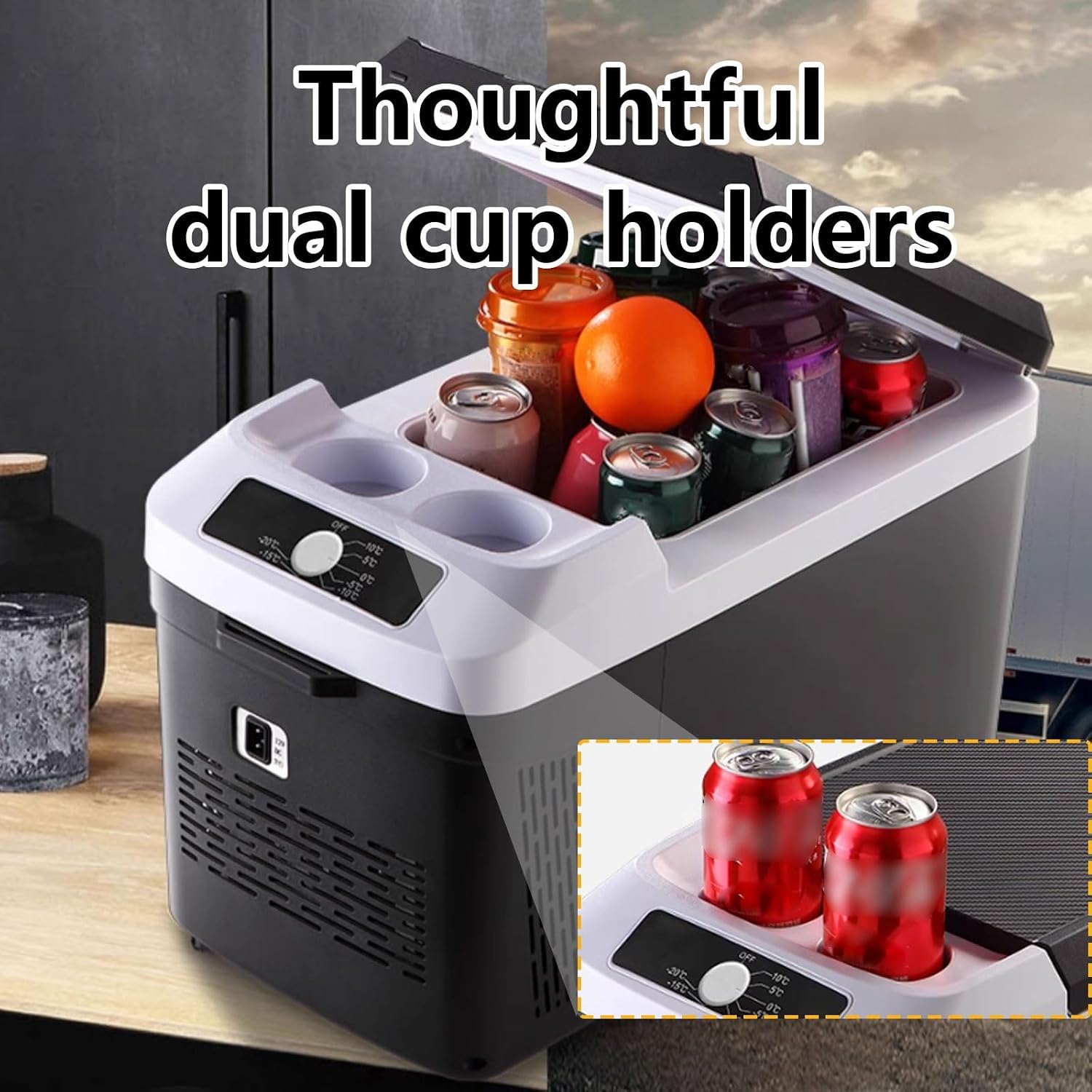 Mini Fridge Mini Freezer Portable Cooler Electric 15L Freezer/Refrigerator Dual Cup Holders on Top -20°C to 20°C for Car Travel Camping Truck 12V/24V