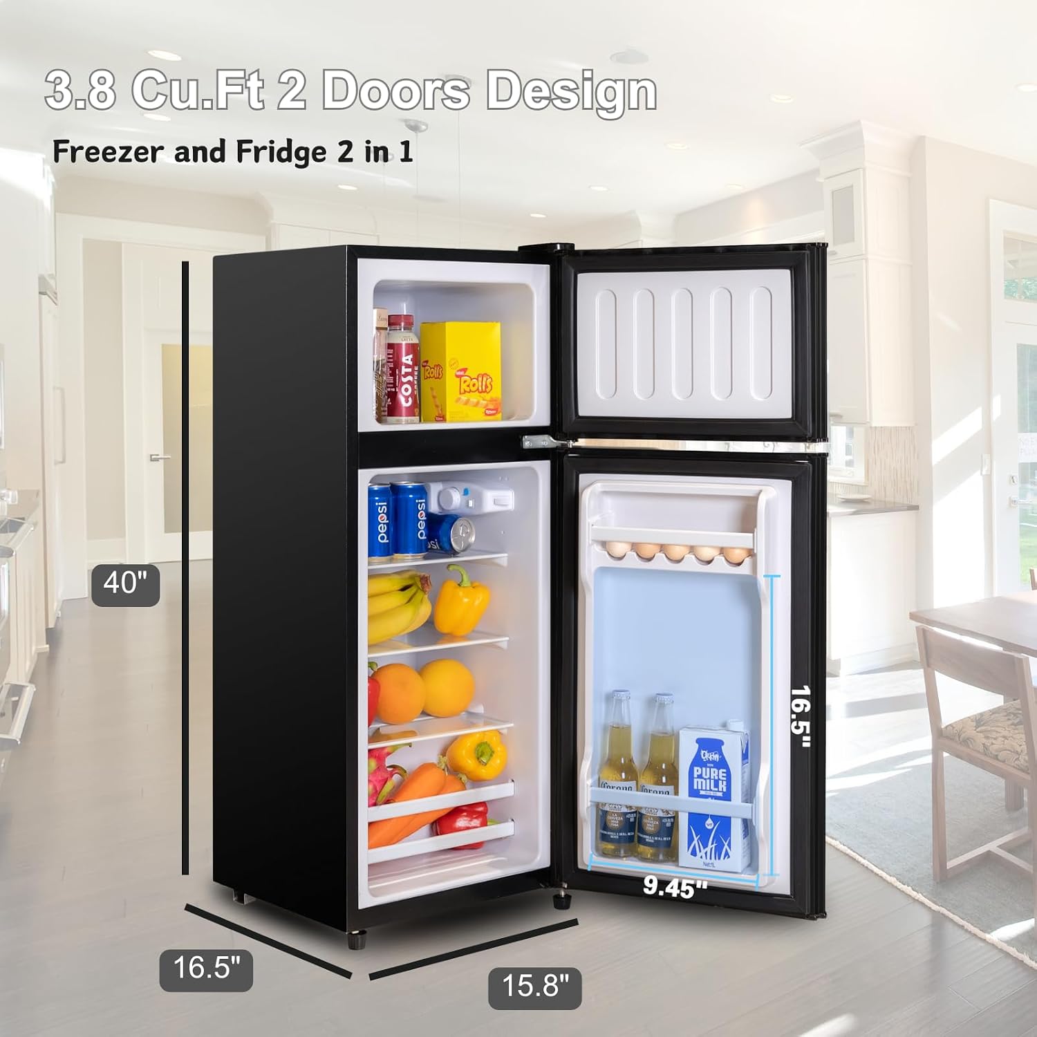 Refrigerator with Freezer, 3.8 Cu Ft 2 Door Fridge for Bedroom, Kitchen, Dorm, Apartment, Garage, Office