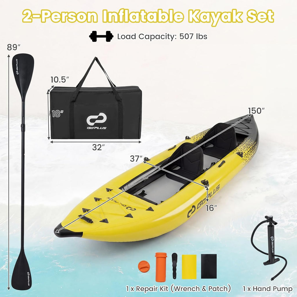Goplus Tandem Inflatable Kayak, 12.5FT 2-Person Kayak for Adults w/507 LBS Weight Capacity, 2 Aluminium Oars, Padded Seat, 2 Fins, Hand Pump, Carry Bag, Repair Kit, Portable Touring Kayaks