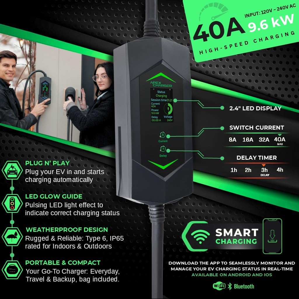 MACH 3 Fast 40 Amp Level 1&2 Portable EV Charger, NACS Connector Electric Vehicle Charging Station, 120-240V NEMA 14-50 w/ 5-15 Adapter. Outdoor EVSE, 25ft Cable with Holder