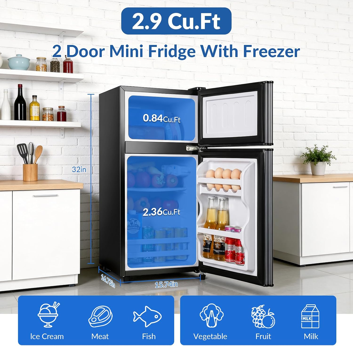 Cucina Magica 2.9 Cu.Ft Compact Double Door Mini Fridge - Top Freezer & Bottom Refrigerator | Energy Save,7-Level Precision Cooling | Ideal for Dorm, Bedroom, Office & Small Spaces