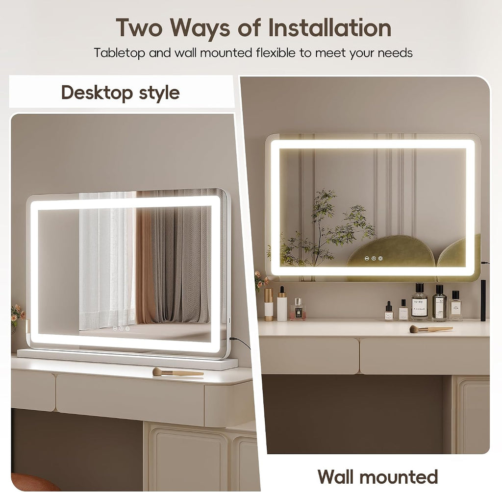 ZL ZELing Vanity Mirror with Lights, 32' x 23', LED Makeup Mirror, Dimmable 3-Color Lighting, 5X Magnification, Touch Screen Control, Wall-Mountable and Tabletop Design