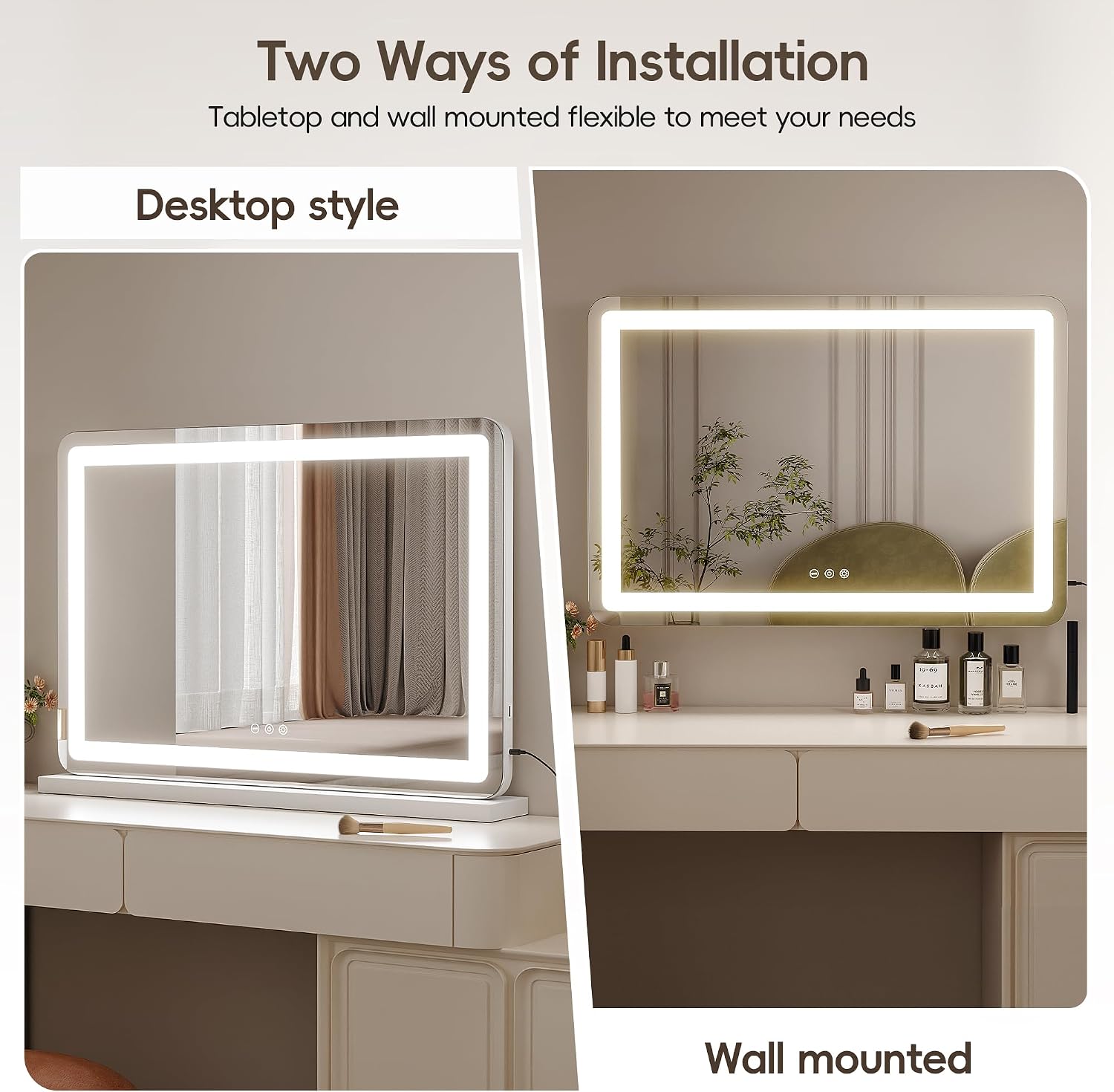 ZL ZELing Vanity Mirror with Lights, 32' x 23', LED Makeup Mirror, Dimmable 3-Color Lighting, 5X Magnification, Touch Screen Control, Wall-Mountable and Tabletop Design