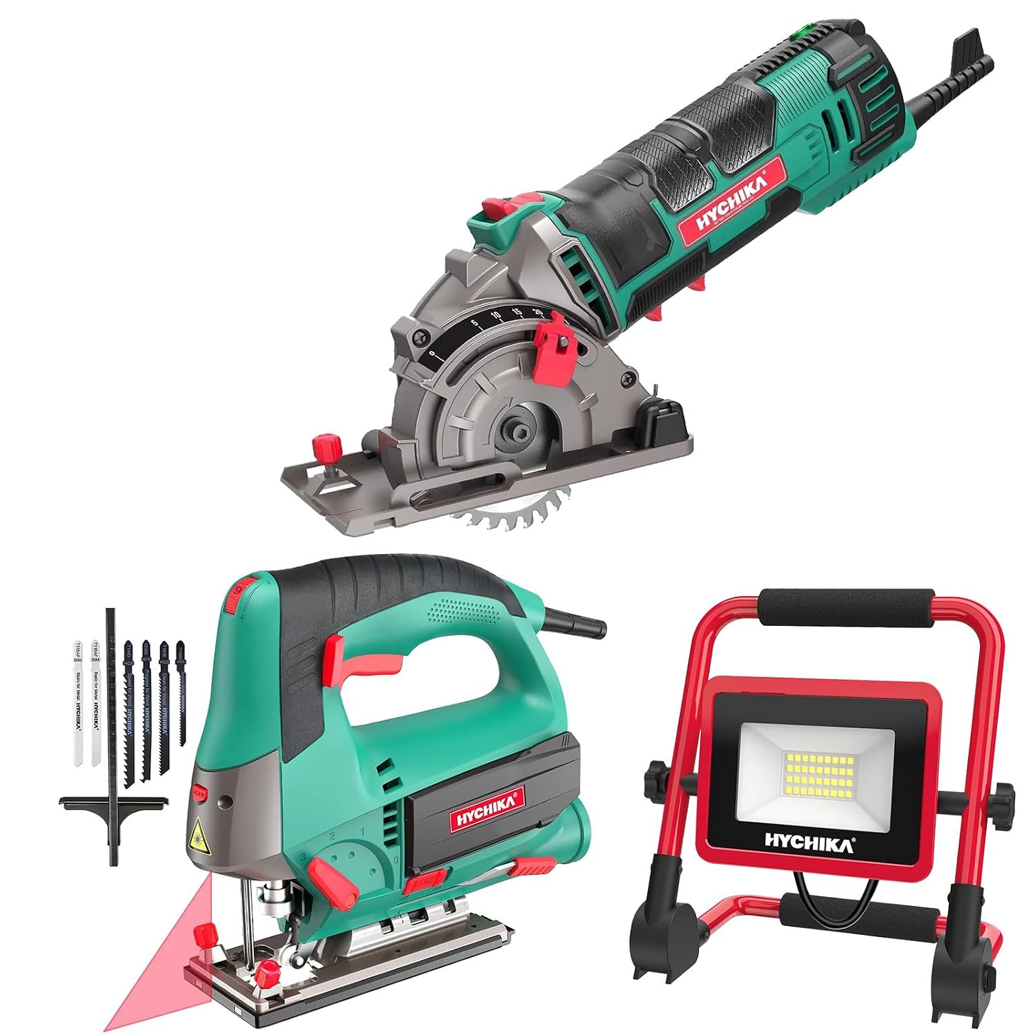 HYCHIKA 6.7A Jig Saw, 4A Mini Circular Saw with 3 Blades, 30W LED Work Light, 3-Tool Power Tool Combo Kit