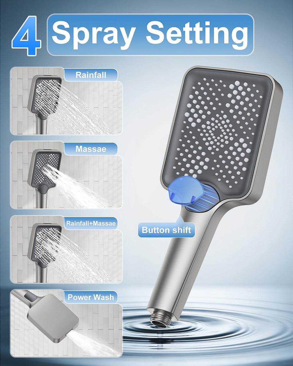 Shower System 13-Inch Rainfall Shower Head - 3 Setting Handheld Sprayer, Complete Bathroom Set with Faucet Mixer Trim Kit & Valve Brushed Nickel