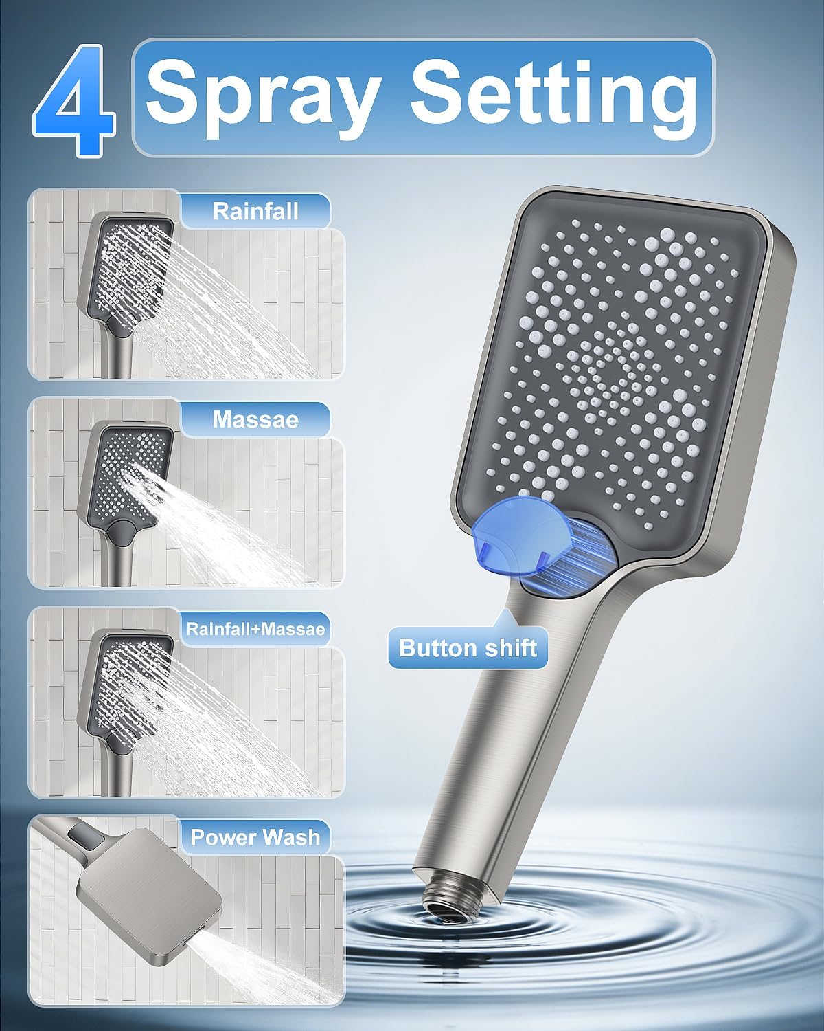 Shower System 13-Inch Rainfall Shower Head - 3 Setting Handheld Sprayer, Complete Bathroom Set with Faucet Mixer Trim Kit & Valve Brushed Nickel