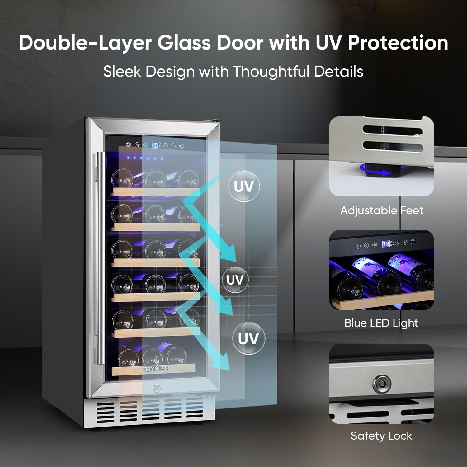 ORYMUSE 15 Inch Wine Cooler Under Counter, 30 Bottle Wine Fridge with Stainless Steel Glass Door, Built-In or Freestanding Wine Cellar with Removable Shelves and Digital Temperature Control