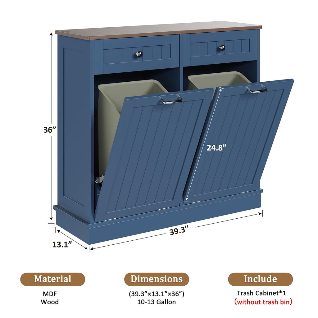 KIGOTY Double Tilt Out Trash Can Cabinet, 20 Gallon Hidden Trash Storage Cabinet with 2 Hideaway Drawers, Freestanding Trash Can for Kitchen, Wooden Laundry Hamper Cabinet, Pet Proof (Blue)