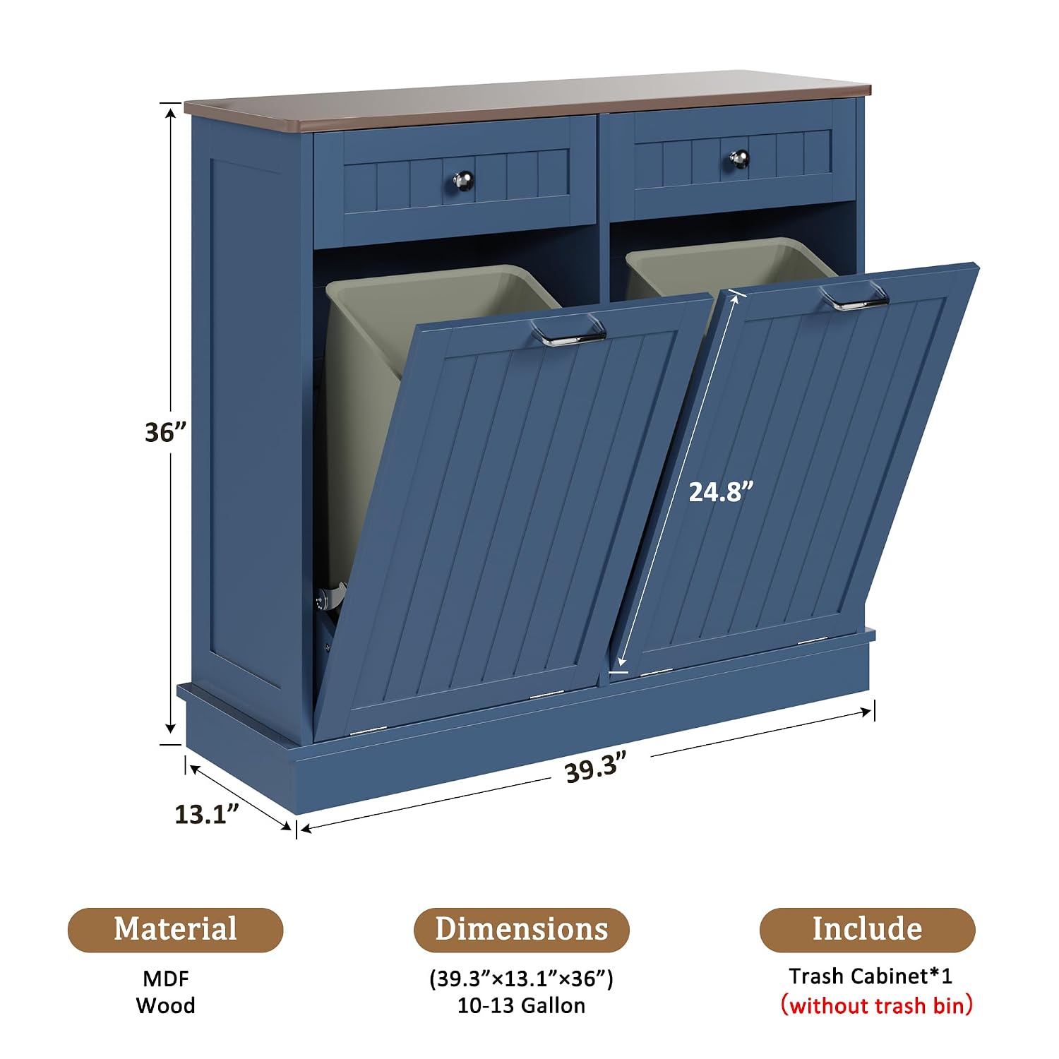 KIGOTY Double Tilt Out Trash Can Cabinet, 20 Gallon Hidden Trash Storage Cabinet with 2 Hideaway Drawers, Freestanding Trash Can for Kitchen, Wooden Laundry Hamper Cabinet, Pet Proof (Blue)