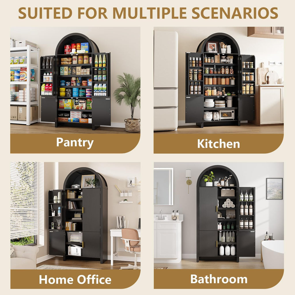 Arched Cabinet, 71' Tall Arched Kitchen Pantry Storage Cabinet with Doors, Modern Fluted Kitchen Storage Cabinet with Adjustable Shelves, Black Cupboard for Kitchen, Dining Room, Bathroom