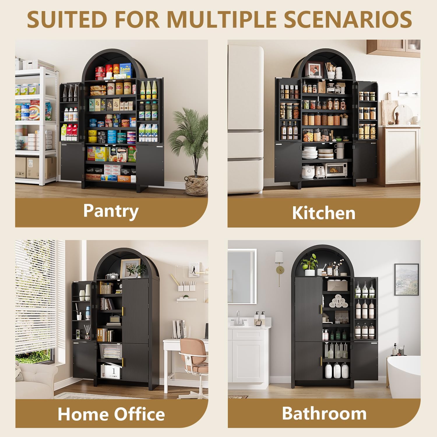 Arched Cabinet, 71' Tall Arched Kitchen Pantry Storage Cabinet with Doors, Modern Fluted Kitchen Storage Cabinet with Adjustable Shelves, Black Cupboard for Kitchen, Dining Room, Bathroom