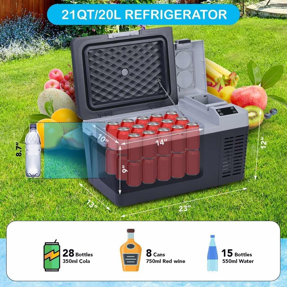 12 Volt Refrigerator, 21 Quart Portable Refrigerator -7.6℉ to 50℉, 21 QT(20L) RV Freezer, Car Fridge with 12/24V DC and 110-240V AC, Portable Freezer RV Car Cooler for Camping Travel Outdoor and Home