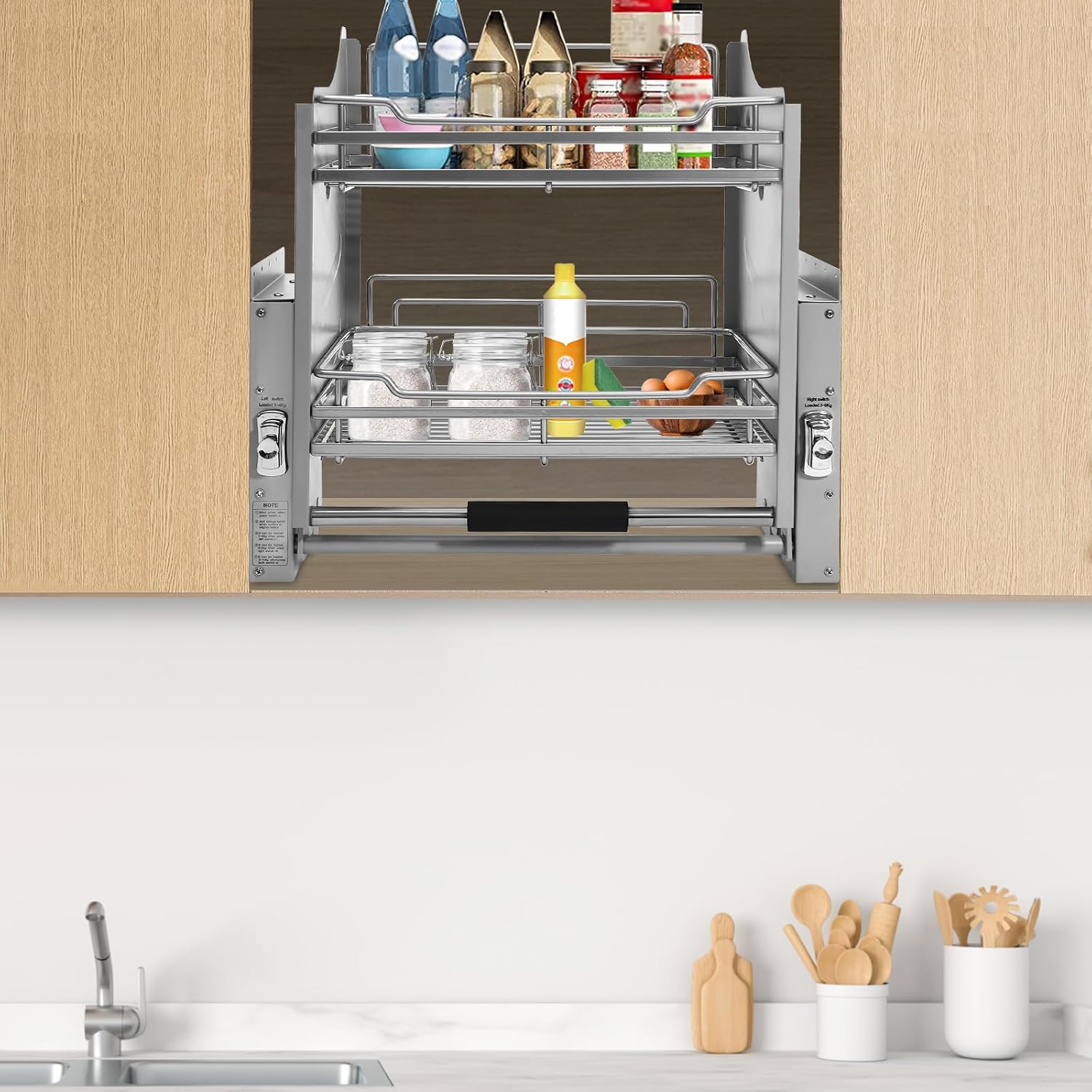 Pull-Down Cabinet Organizer, 2 Tier Pull down Shelf for Kitchen Upper Cabinet, Pull-Out Rack System Inner Space Saving Plate for Kitchen Appliance Lift Upper Cabinet, 22 Inch Width