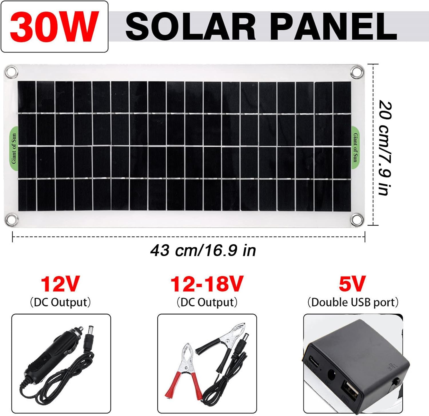 30W Monocrystalline Solar Panel Kit, for Boat, Roof, Car, RV, Camping, with 1000W Inverter, 100A Solar Charge Controller, Alligator Clip Wire