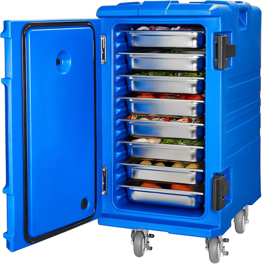 VEVOR Insulated Food Pan Carrier, 127 Qt Hot Box for Catering, LLDPE Food Box Carrier w/Double Buckles, Front Loading Food Warmer w/Handles, End Loader w/Wheels for Restaurant, Canteen, etc. Blue