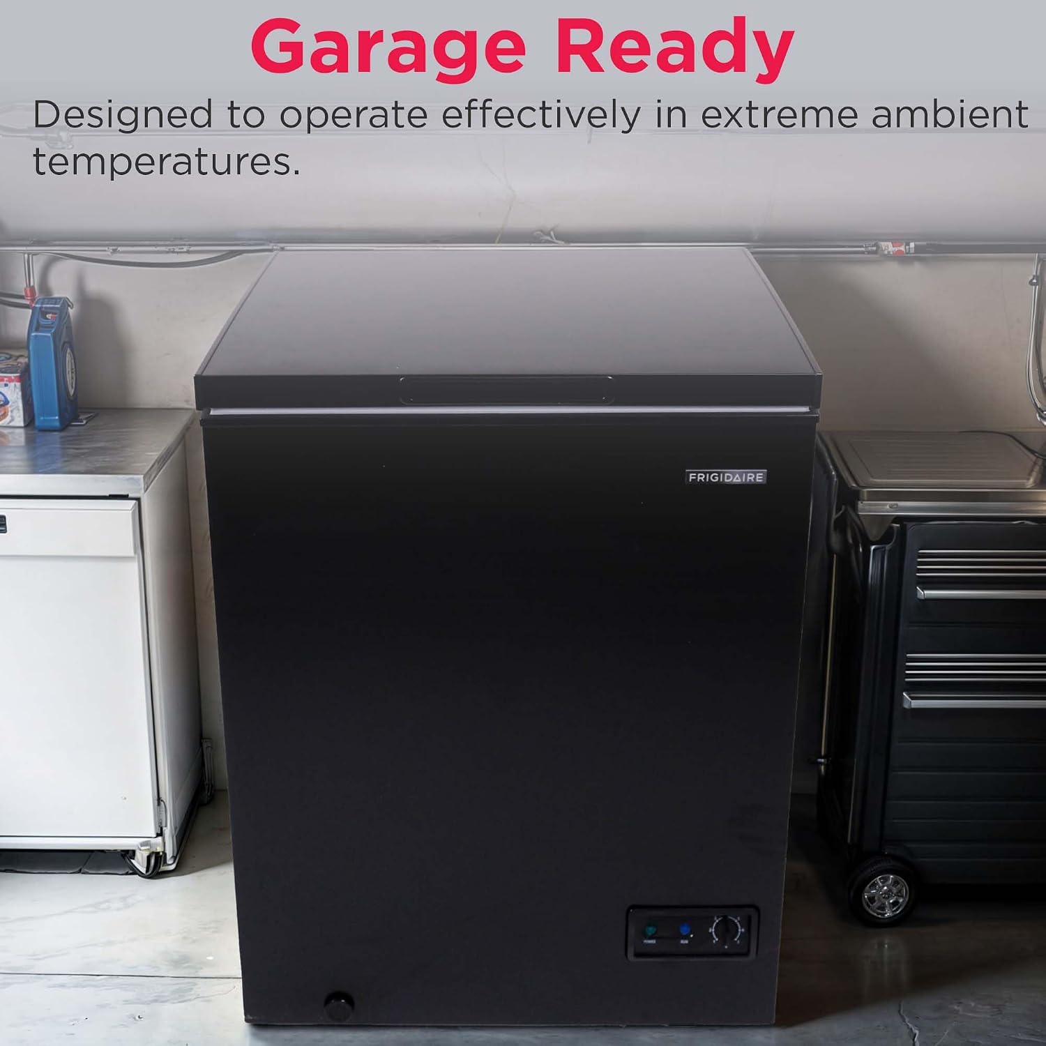 FRIGIDAIRE EFRF5003-BLACK Chest Deep Freezer-Garage-Ready, 5.0 Cu. Ft. Capacity, Black-Adjustable Thermostat-Removable Vinyl Coated Wire Basket-Easy Defrost Drain