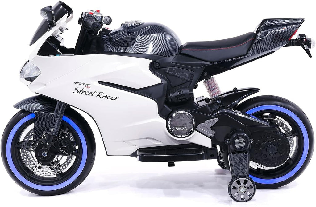 Moderno Kids Street Racer 12V Battery Power Electric Children Ride-On Motorcycle Bike + EVA Foam Rubber Tires + Leather Seat + MP3 USB Music Player + LED Lights + Training Wheels