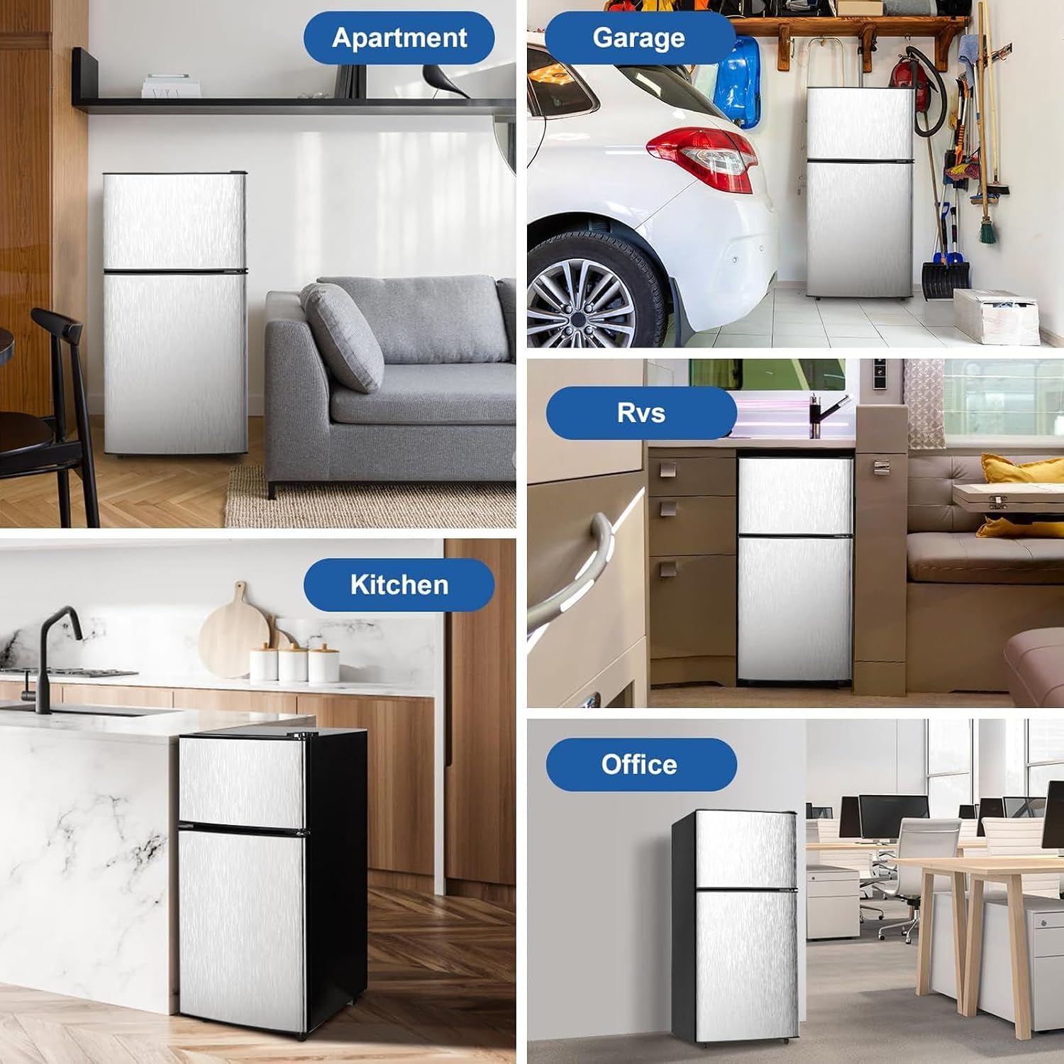 Cucina Magica Mini Fridge with Freezer, 3.2 cuft Small Refrigerator, 7 Adjustable Thermostat, Energy Saving, Low Noise, Double Door Compact Refrigerator for Dorm, Bedroom, Office - Silver