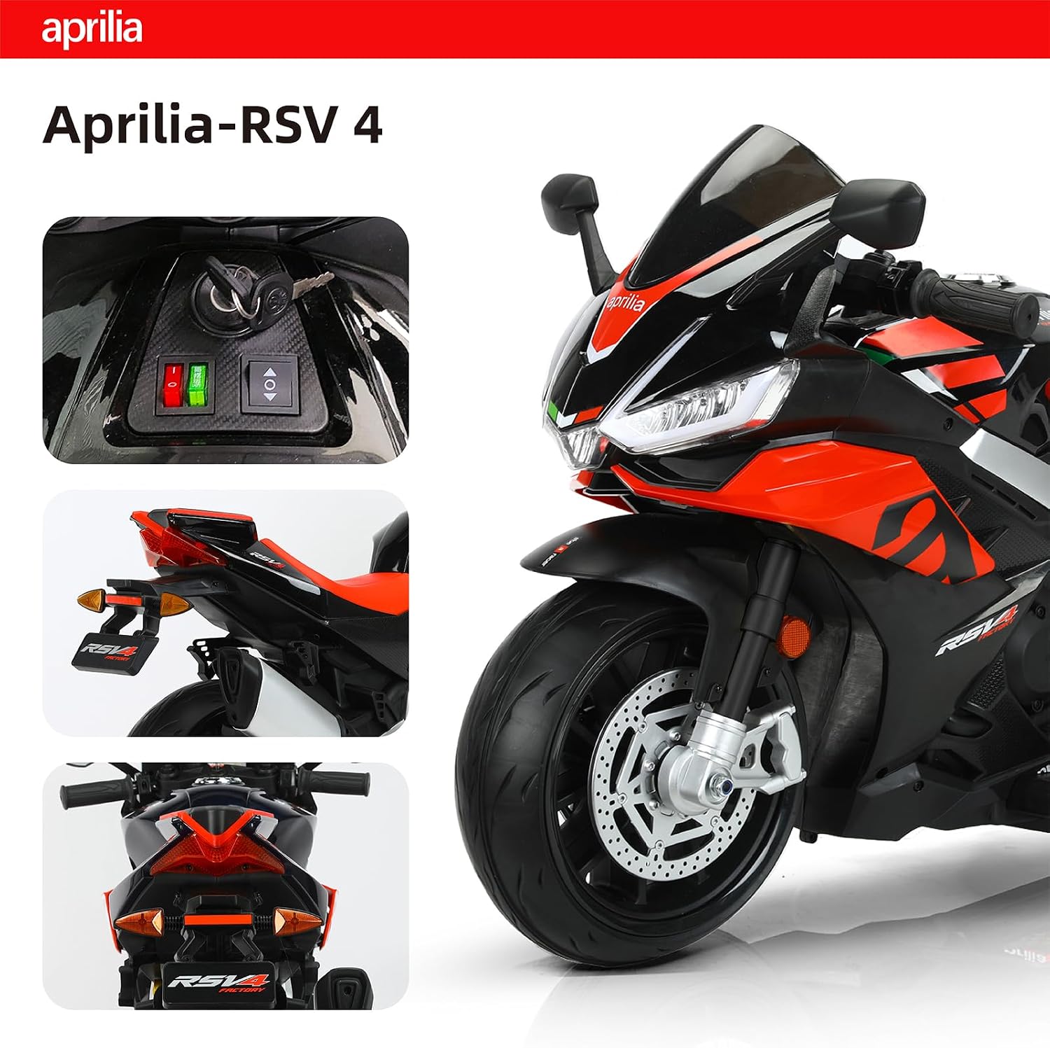 TCARAIWEN Aprilia Licensed 24V Kids Electric Motorcycle,Ride-On Motorcycle Speed Up to 8mph with Side Wheels, Key Switch and Mp3 (Normal Motors - 24V, Black)