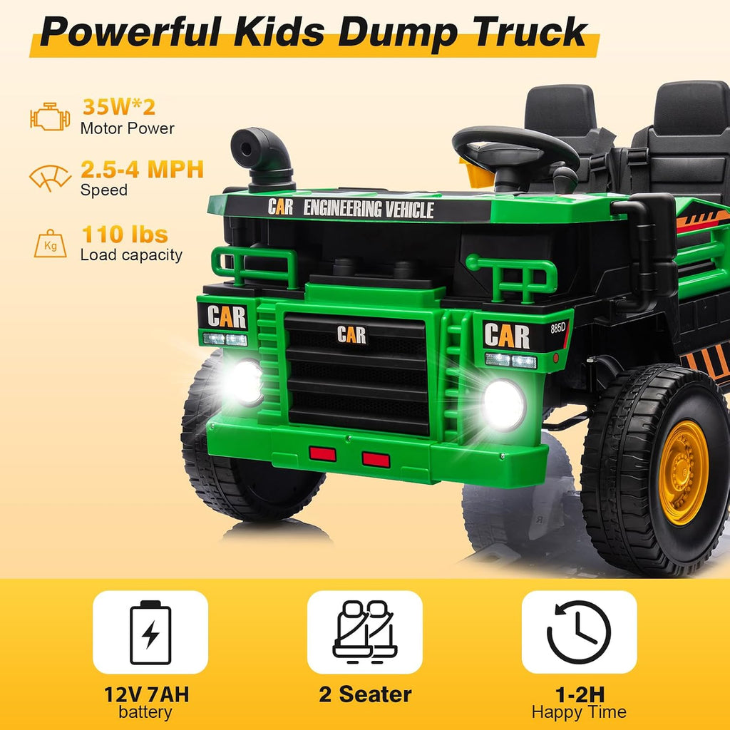 RunFast 12V 2 Seater Ride on Dump Truck for Kids,Electric Ride on Cars with Remote Control,2X35W Powerful Motors Up to 4Mph,Electric Dump Bed,Extra Shovel,Music Player(Green+Yellow,12V)