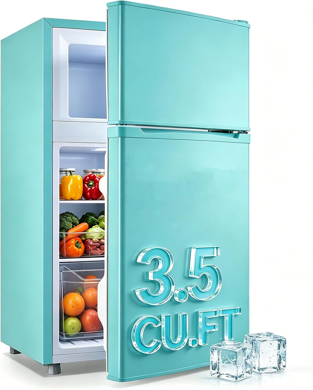 WANAI 2 Door Mini Refrigerator with Freezer-on-top, Spacious Capacity Fridge with 7-Level Adjustable Thermostat & 2 Removable Shelves Ideal for Kitchen Dorm Office Apt Blue