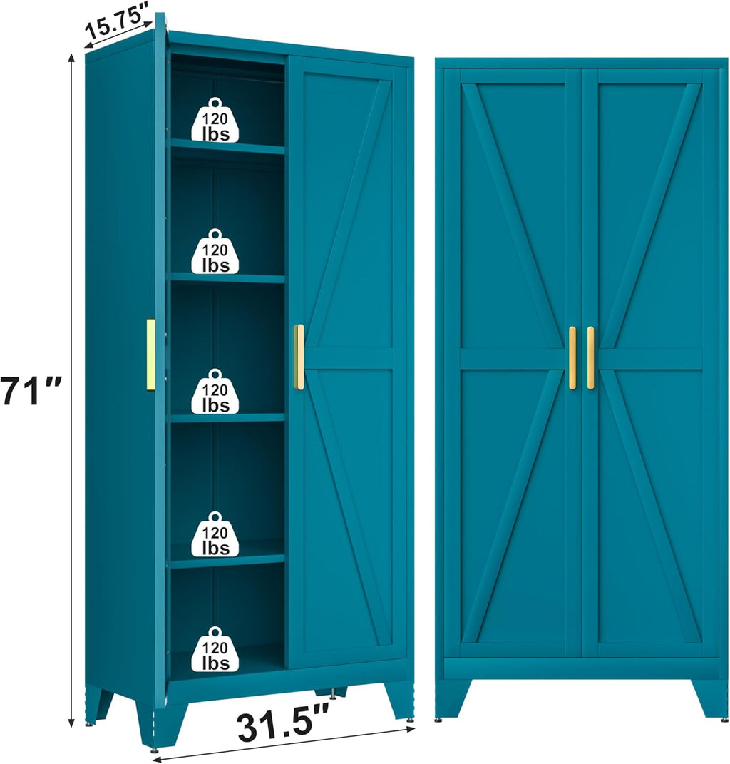 71H Tall Metal Storage Cabinet with 2 Doors and 5 Shelves, Farmhouse Storage Cabinet with Barn Doors, Pantry Storage for Home, Office, Bathroom, Dining Room, Kitchen (Blue)