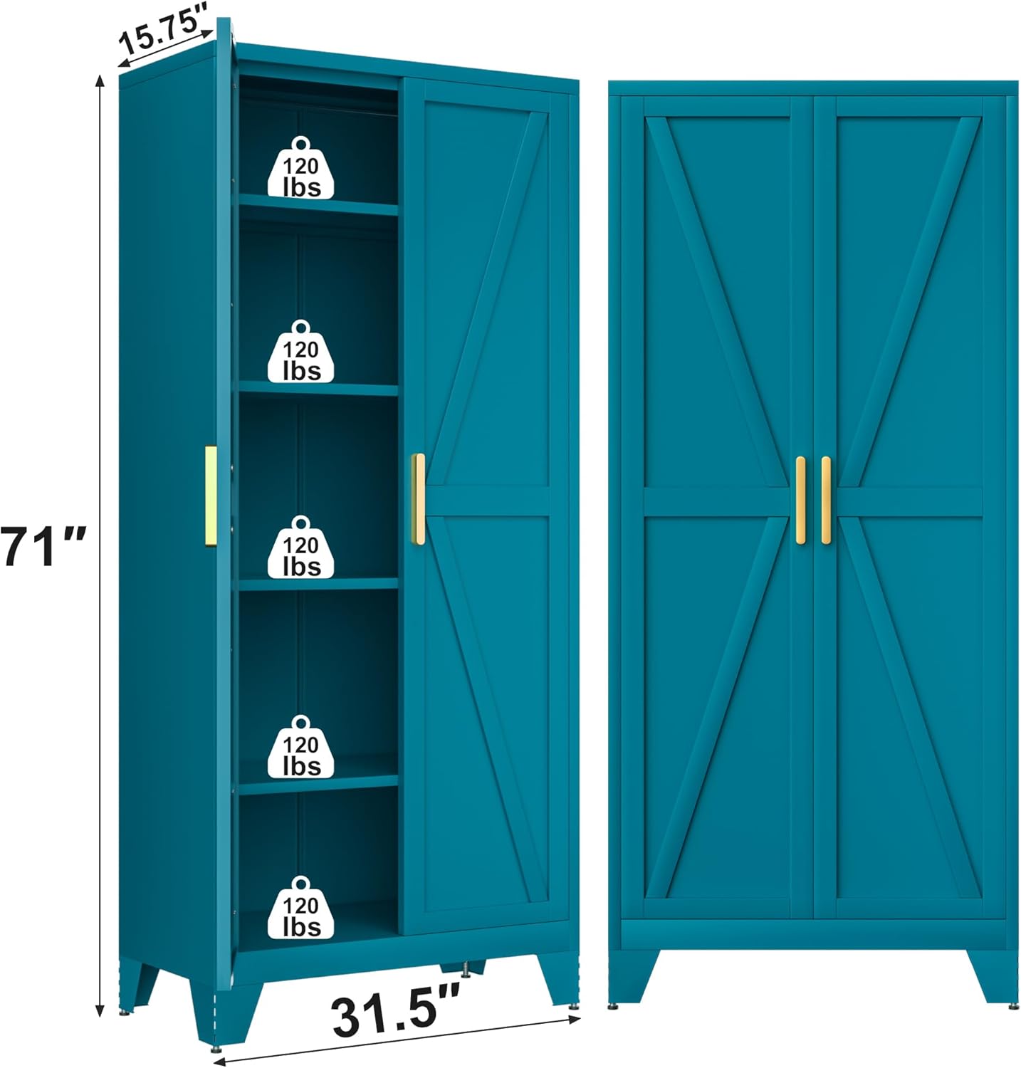 71H Tall Metal Storage Cabinet with 2 Doors and 5 Shelves, Farmhouse Storage Cabinet with Barn Doors, Pantry Storage for Home, Office, Bathroom, Dining Room, Kitchen (Blue)