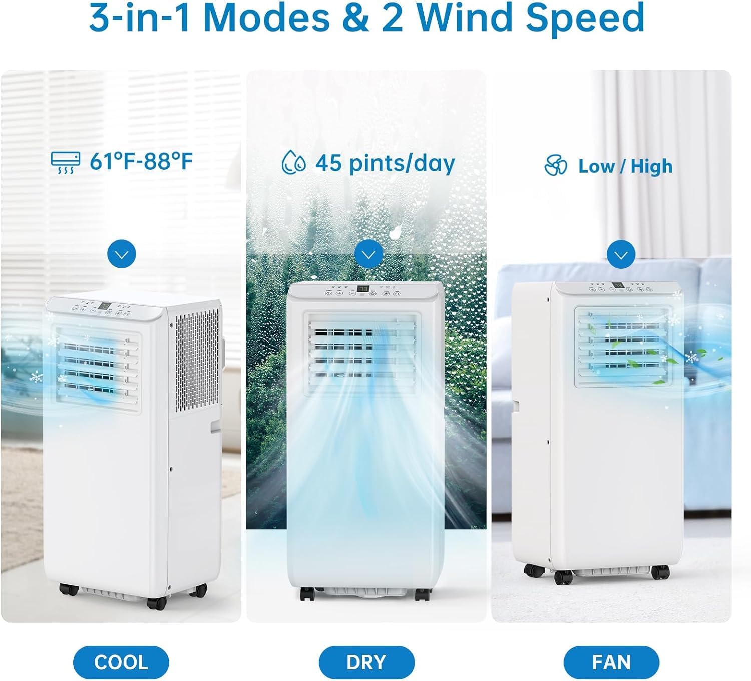 8000 BTUs Portable Air Conditioner with Cooling, Dehumidifier, Fan 3-IN-1 Indoor AC, 24H Timer, 2 Fan Speeds, Sleep Mode, Remote Control Included - Ideal for Home, Office, and Garage Use