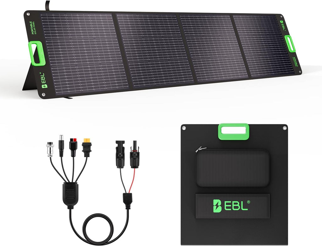 EBL 200W Portable Solar Panel for Power Station, Foldable Solar Charger w/ 4 Kickstands, IP65 Waterproof Solar Panel Kit w/DC XT60 Anderson Aviation Output for Outdoor RV Camper Blackout