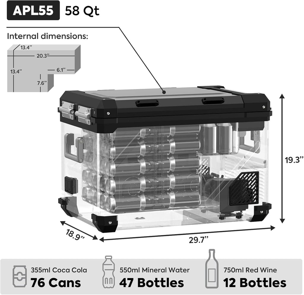 ICECO APL55 55Liter Portable Refrigerator and Freezer, Powered by AC/DC or Solar, Dual Zone Bluetooth Controlled 12v refrigerator, for Truck, Car and Home, -4℉~68℉, With 250Wh Magnetic Battery
