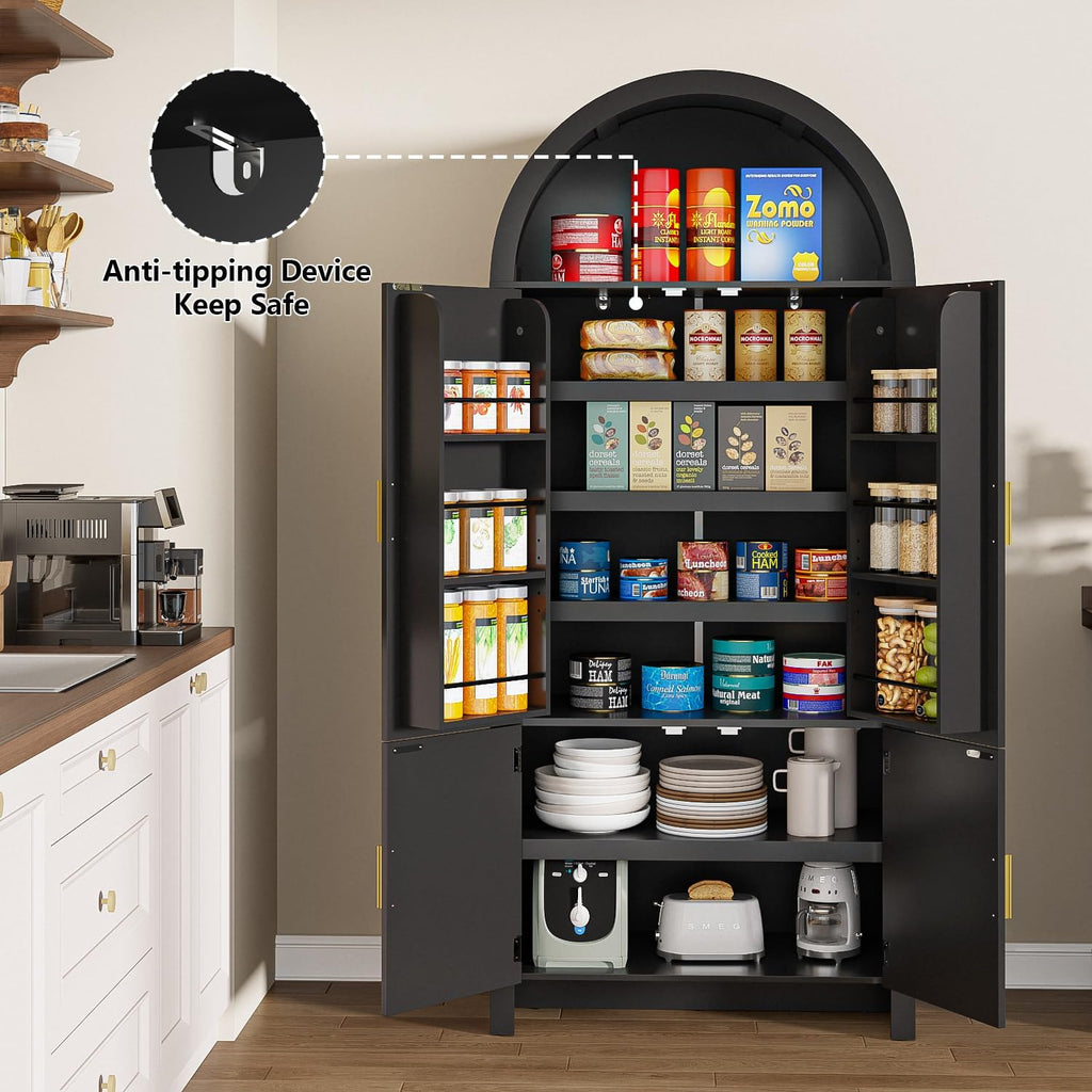 Arched Cabinet, 71' Tall Arched Kitchen Pantry Storage Cabinet with Doors, Modern Fluted Kitchen Storage Cabinet with Adjustable Shelves, Black Cupboard for Kitchen, Dining Room, Bathroom