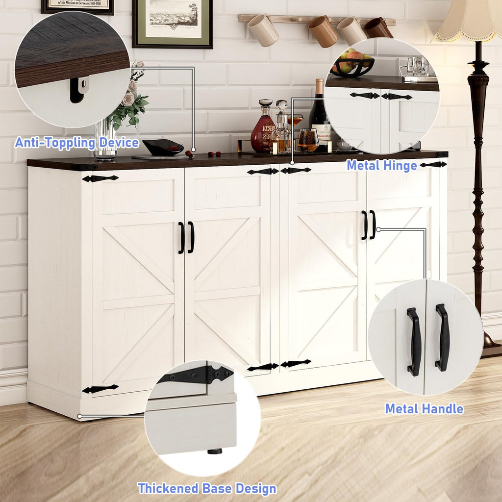 65 Inch Sideboard Buffet Cabinet with Storage, Farmhouse Kitchen Sideboard Cabinets with Adjustable Shelves, Wooden Coffee Bar Storage Cabinet Buffet Table for Kitchen, Dining Room, White