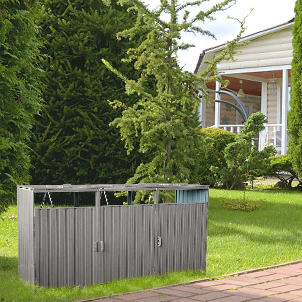 Outdoor Storage Shed for Trash Cans and Yard Tools, Bike Shed Heavy Duty Metal Shed Tool Shed with 3 Doors, Horizontal Stow-Away Storage Shed for Backyard Patio Garden,Gray,95' L × 31.5' W × 48' H