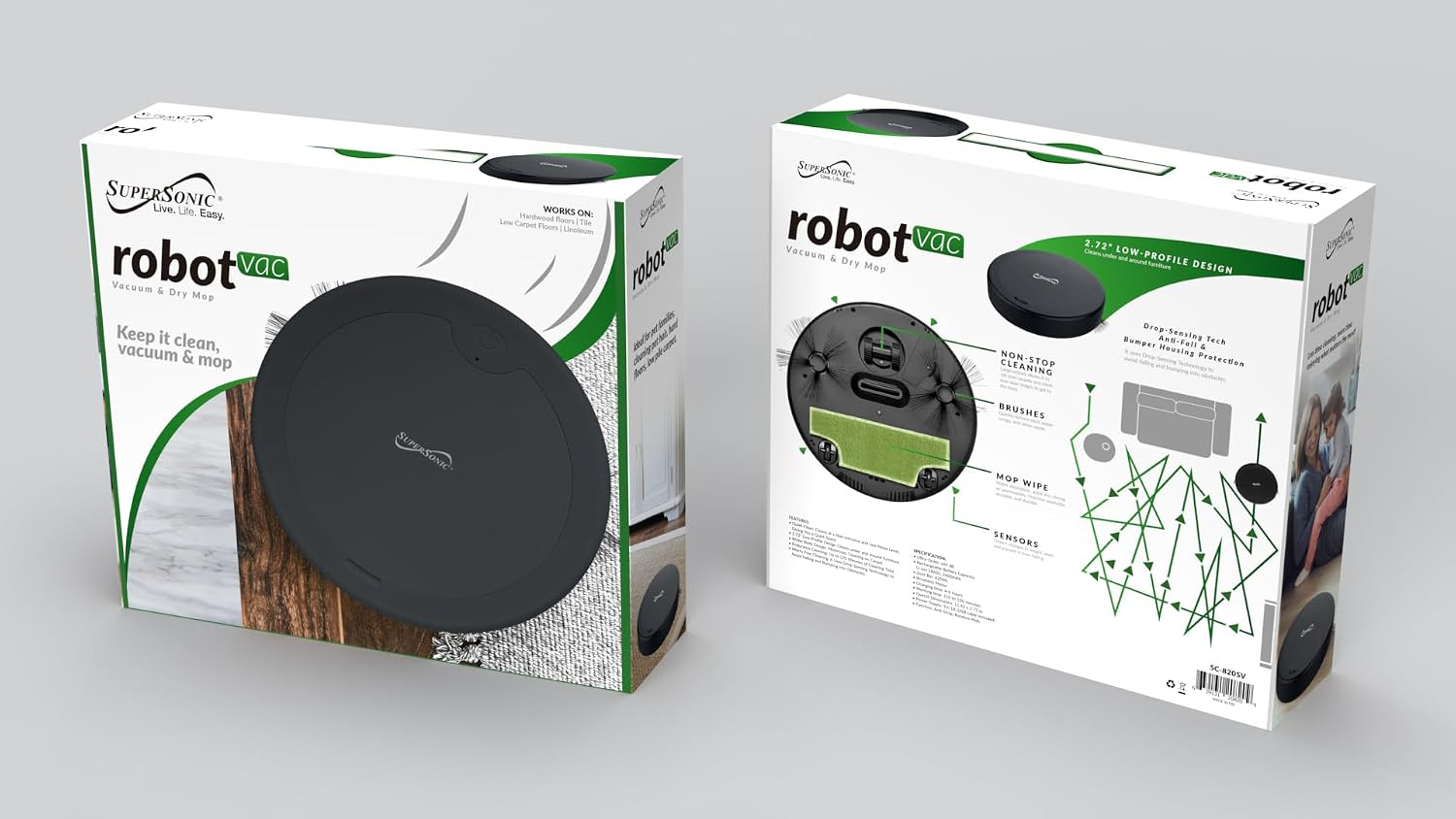 Supersonic SC-820SV Robot Vacuum & Dry Mop, Quiet Clean, Low-Profile Design, 120 Minutes Cleaning Time, Drop-Sensing Technology, 420ML Dust Bin, Brushless Motor, Fast Charging