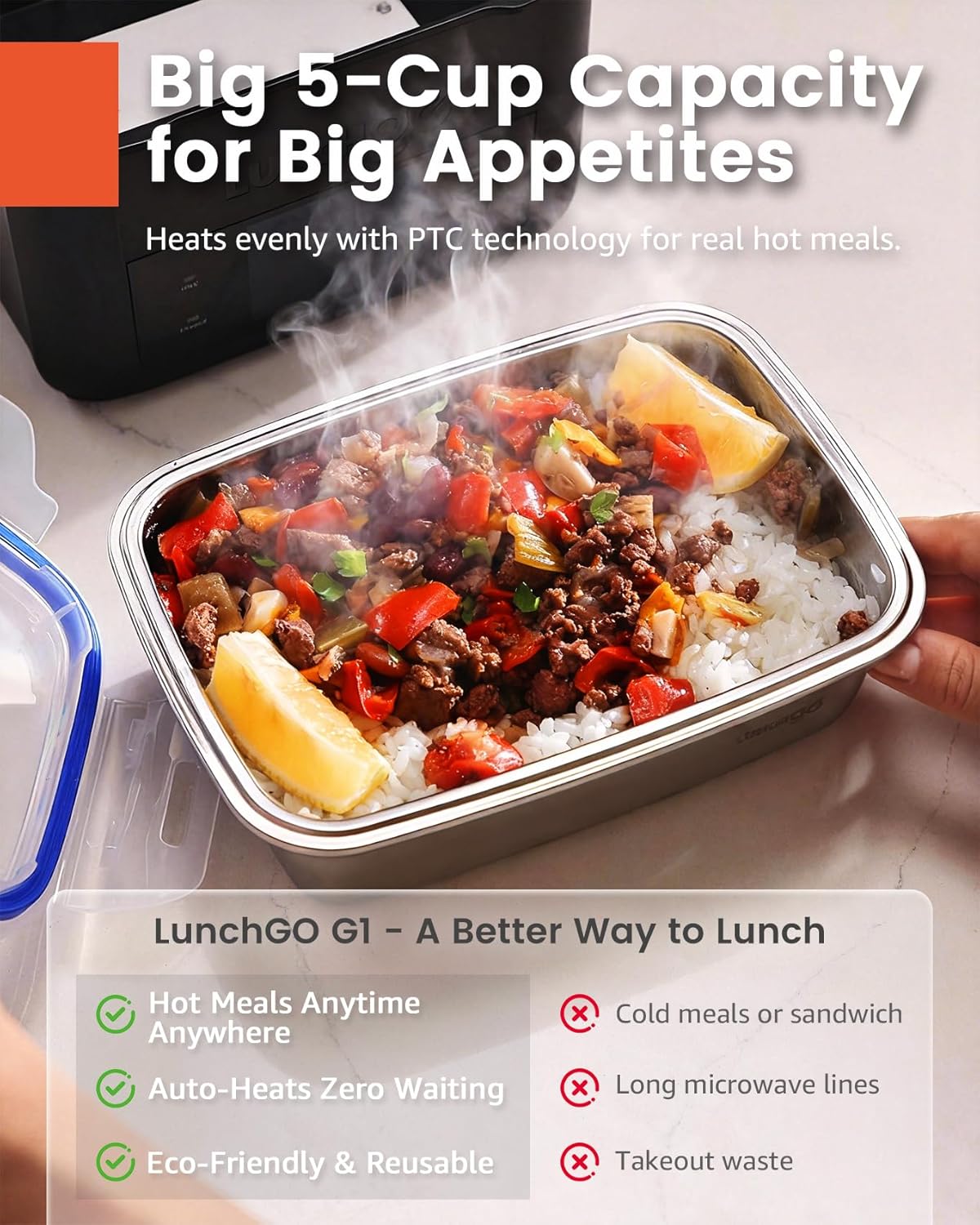 LUNCHGO® G1-Standard(74 Wh), Smart Electric Heated Lunch Box Food Warmer – Cordless, 5 Cups, Battery Powered, 250°F Max, Scheduled Heating, Perfect for Outdoor Work, On-The-Go Meals (Carbon Black)