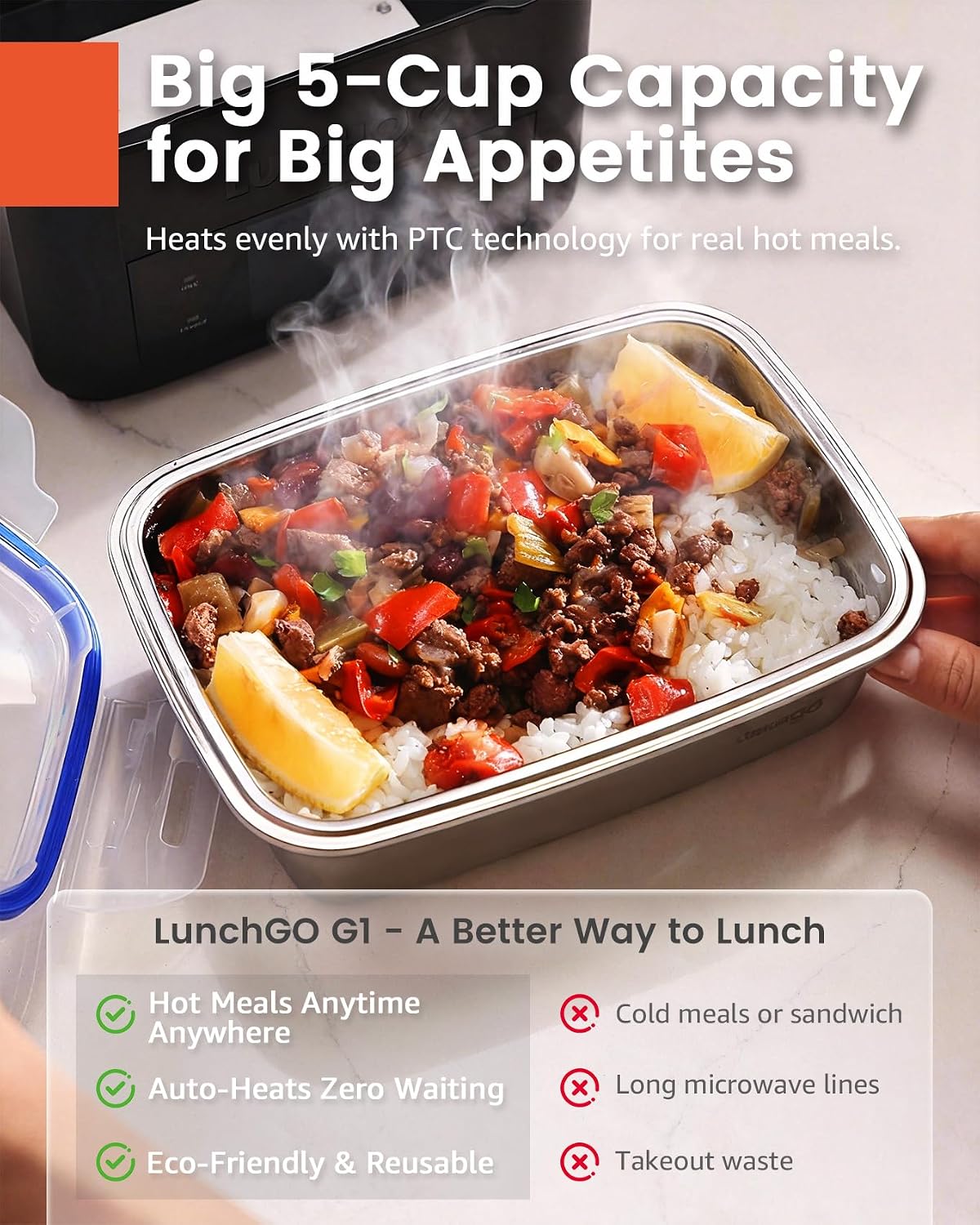 LUNCHGO® G1-Long Range(103 Wh), Smart Electric Heated Lunch Box Food Warmer – Cordless, 5 Cups, Battery Powered, 250°F Max, Scheduled Heating, Perfect for Outdoor Work, On-The-Go Meals (Carbon Black)