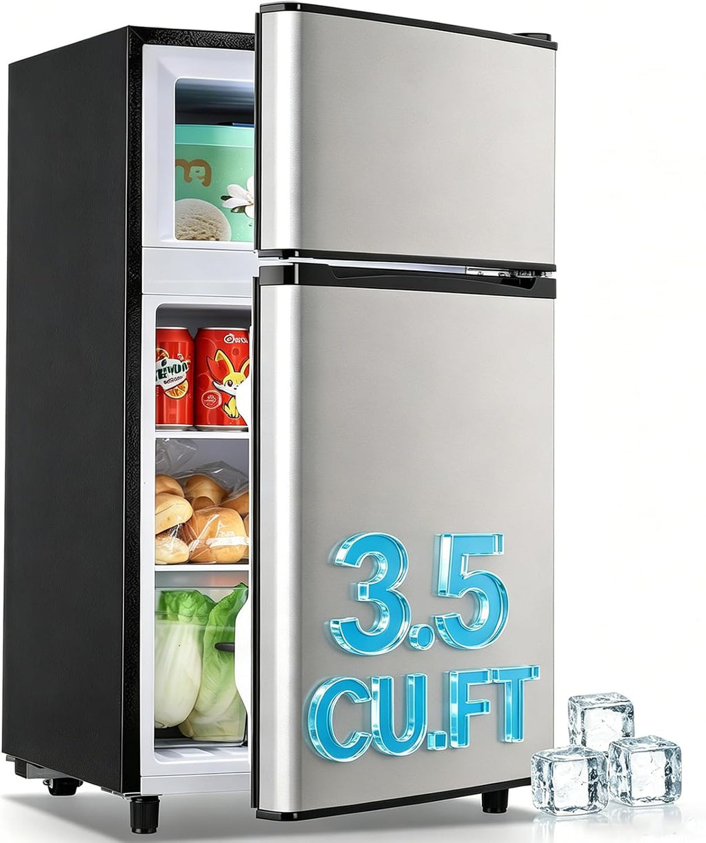 WANAI 2 Door Small Refrigerator with Freezer-on-top, Spacious Capacity Mini Fridge with 7-Level Adjustable Thermostat & 2 Removable Shelves Silver