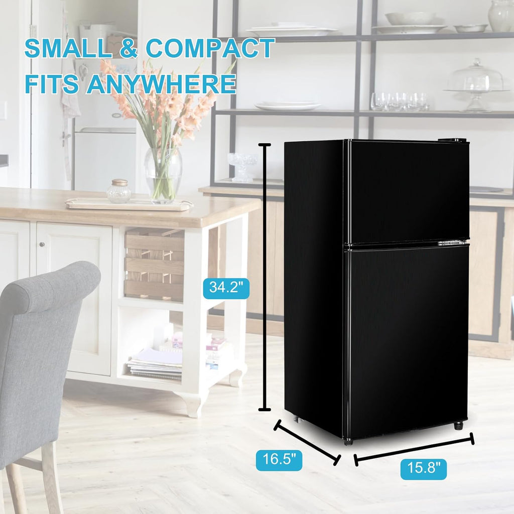 Fridge with Freezer, 3.2 Cu Ft Refrigerator, 2 Doors Refrigerator, Low noise, Energy-efficient, for Apartment, Dorm, Kitchens, Office and Bedroom