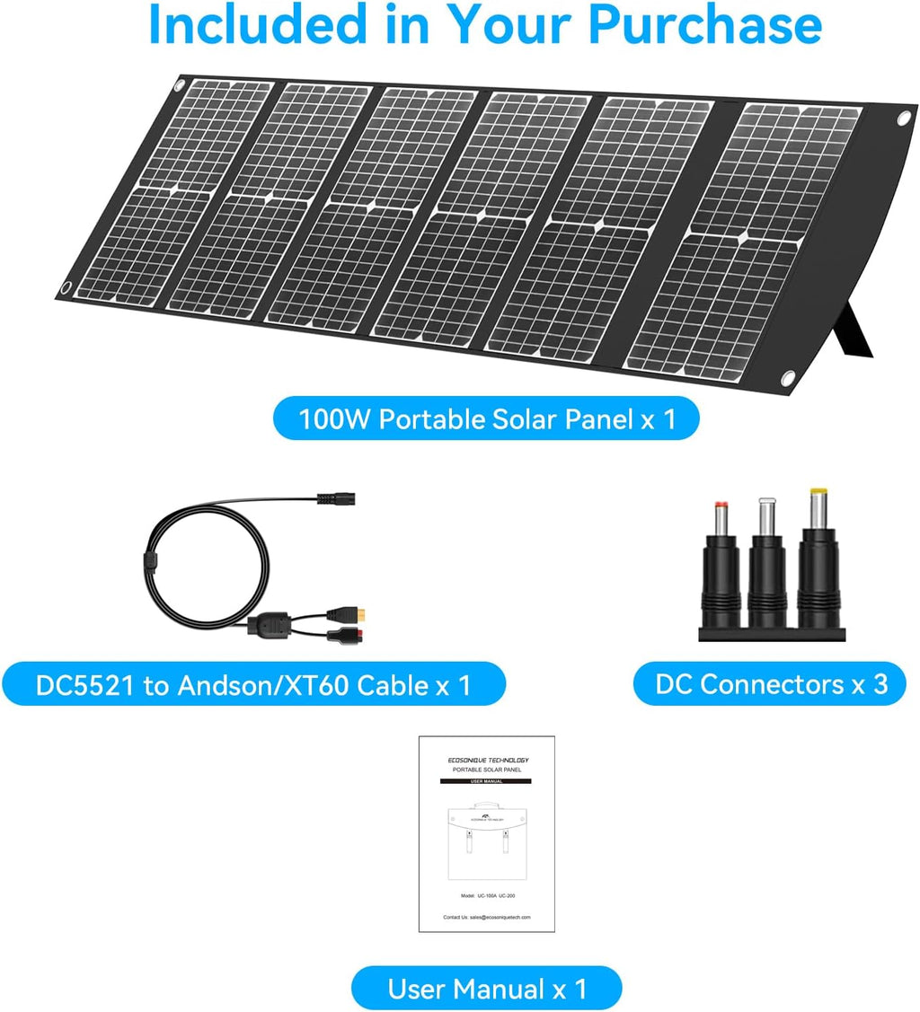 Ecosonique 100W and 200W Portable Lightweight Solar Panel with USB-C PD3.0 & USB-A QC3.0, 20V MC4 DC Output for Generator, Power Station, RVs, Camping