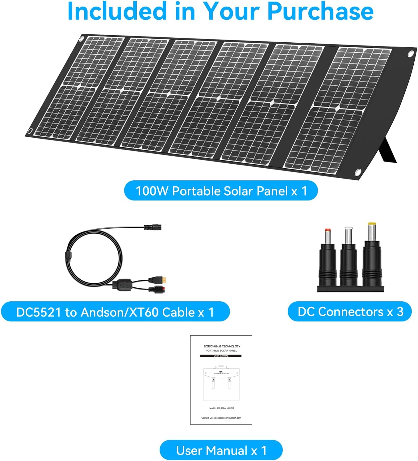 Ecosonique 100W and 200W Portable Lightweight Solar Panel with USB-C PD3.0 & USB-A QC3.0, 20V MC4 DC Output for Generator, Power Station, RVs, Camping
